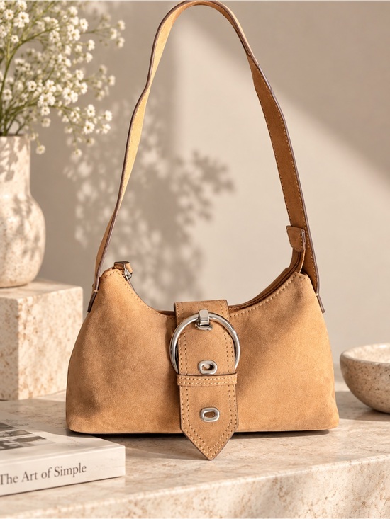 Handbags - Faux Suede Shoulder Bag in Tan with Buckle Detail